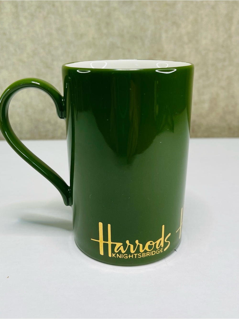 Vintage Harrods Knightsbridge Green Mug Gold Signature Logo Scotland Excellent
